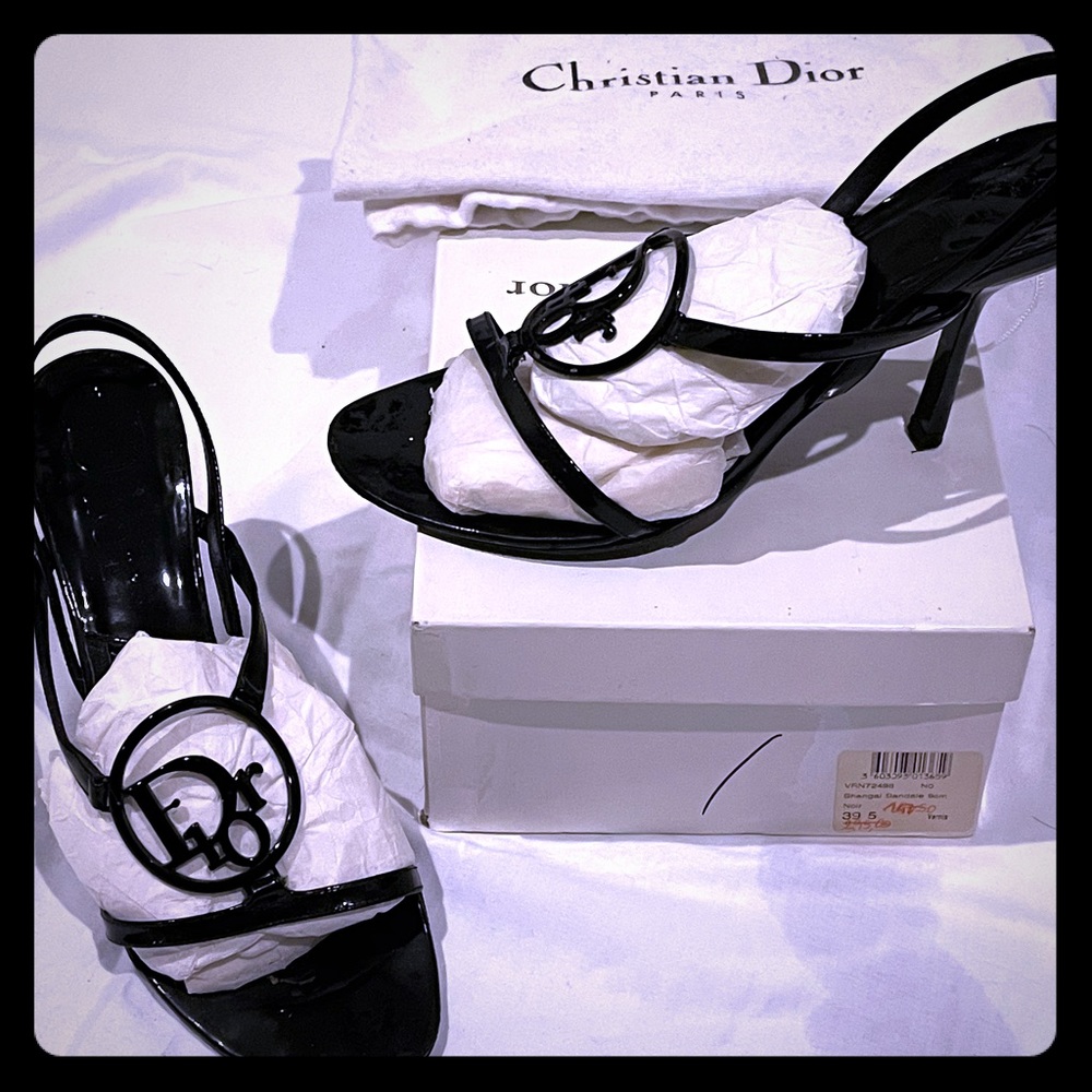 Dior Strappy Logo Sandals, Black Patent, Sz 39.5